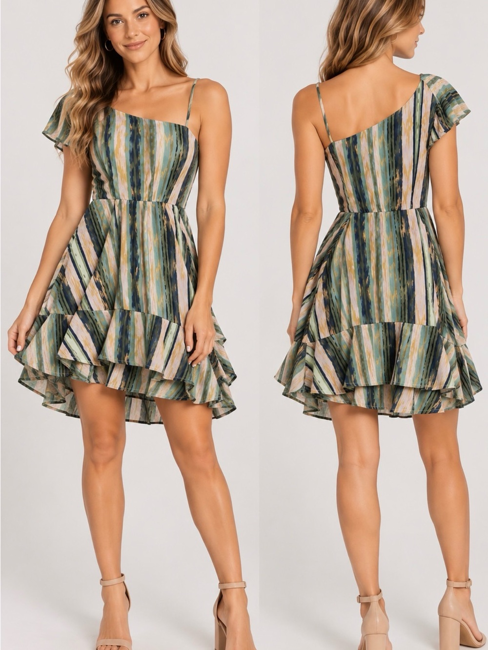 Free People Striped One-Shoulder Ruffle Dress in Green, Blue & Cream